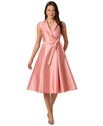 Adrianna Papell Women's Mikado Lapel Belted Knee-Length Dress