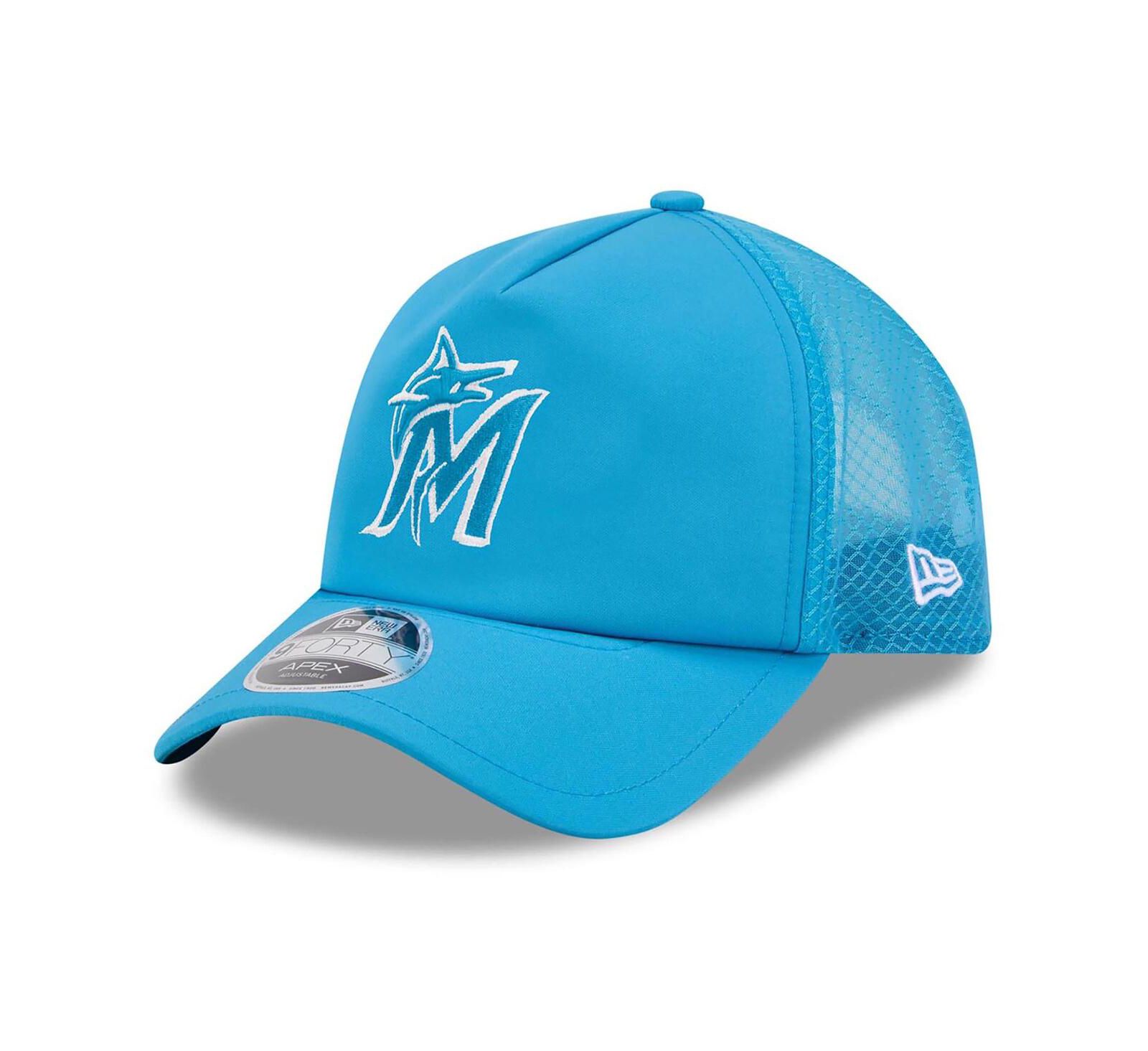 New Era Men's Blue Miami Marlins 2026 Batting Practice Apex 9FORTY Adjustable Trucker Hat