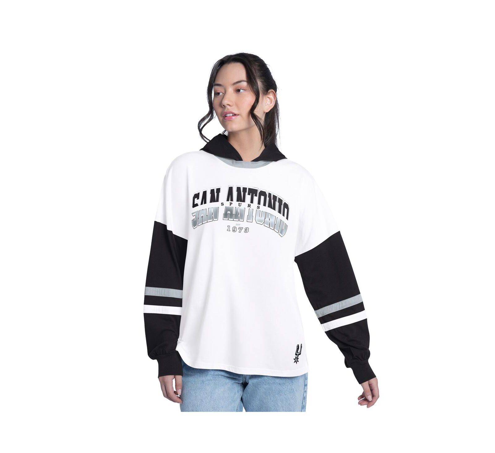 G-III 4Her by Carl Banks Women's White/Black San Antonio Spurs Key Player Oversized Hooded Long Sleeve T-Shirt