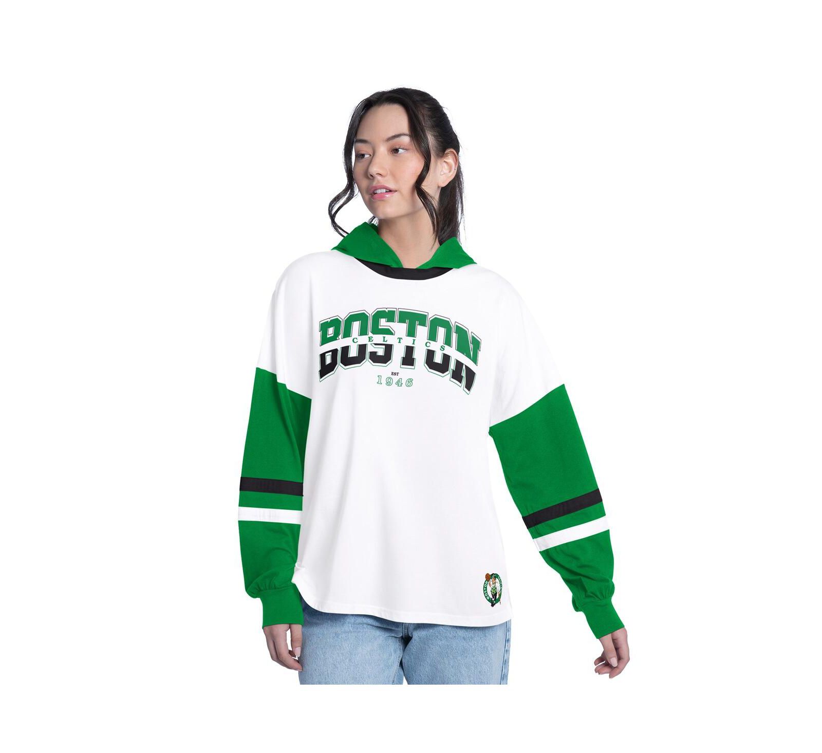 G-III 4Her by Carl Banks Women's White/Green Boston Celtics Key Player Oversized Hooded Long Sleeve T-Shirt