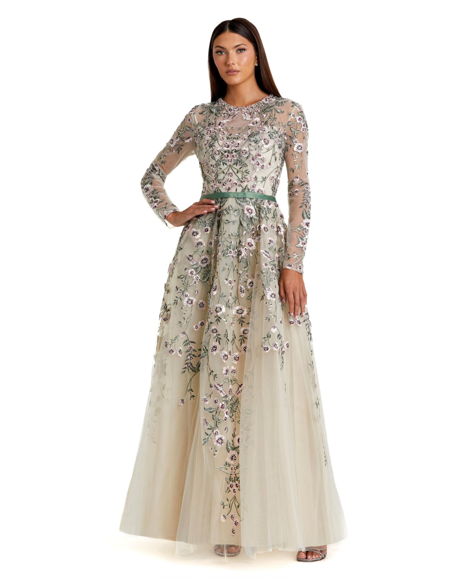 Mac Duggal Women's Long Sleeve Floral Embellished A-Line Gown