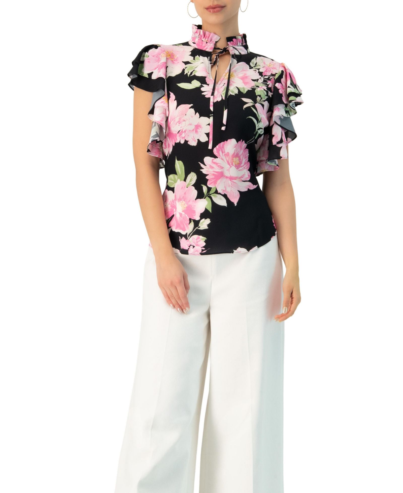 Ivonne Women's Floral Print Blouse with Ruffle Sleeves