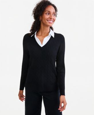Style & Co Джемпер поло с длинным рукавом, вязку cable-knit, Petite, можно стирать в машине