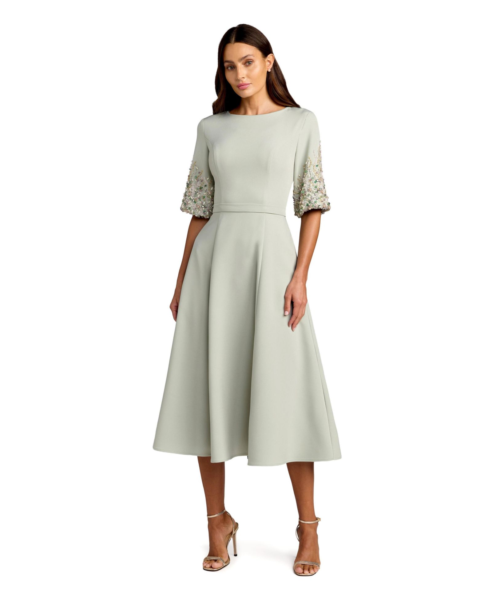 Женское платье Mac Duggal Women's Crepe A Line Midi With Beaded Sleeves