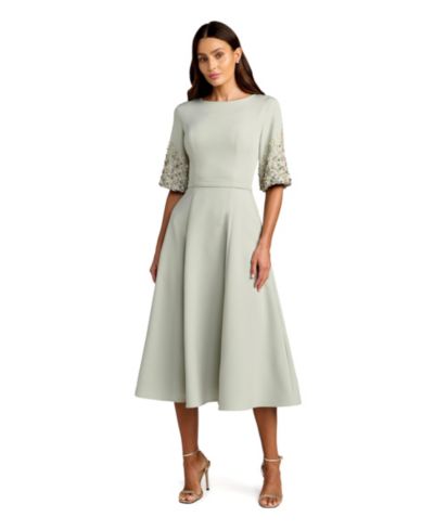 Женское платье Mac Duggal Women's Crepe A Line Midi With Beaded Sleeves