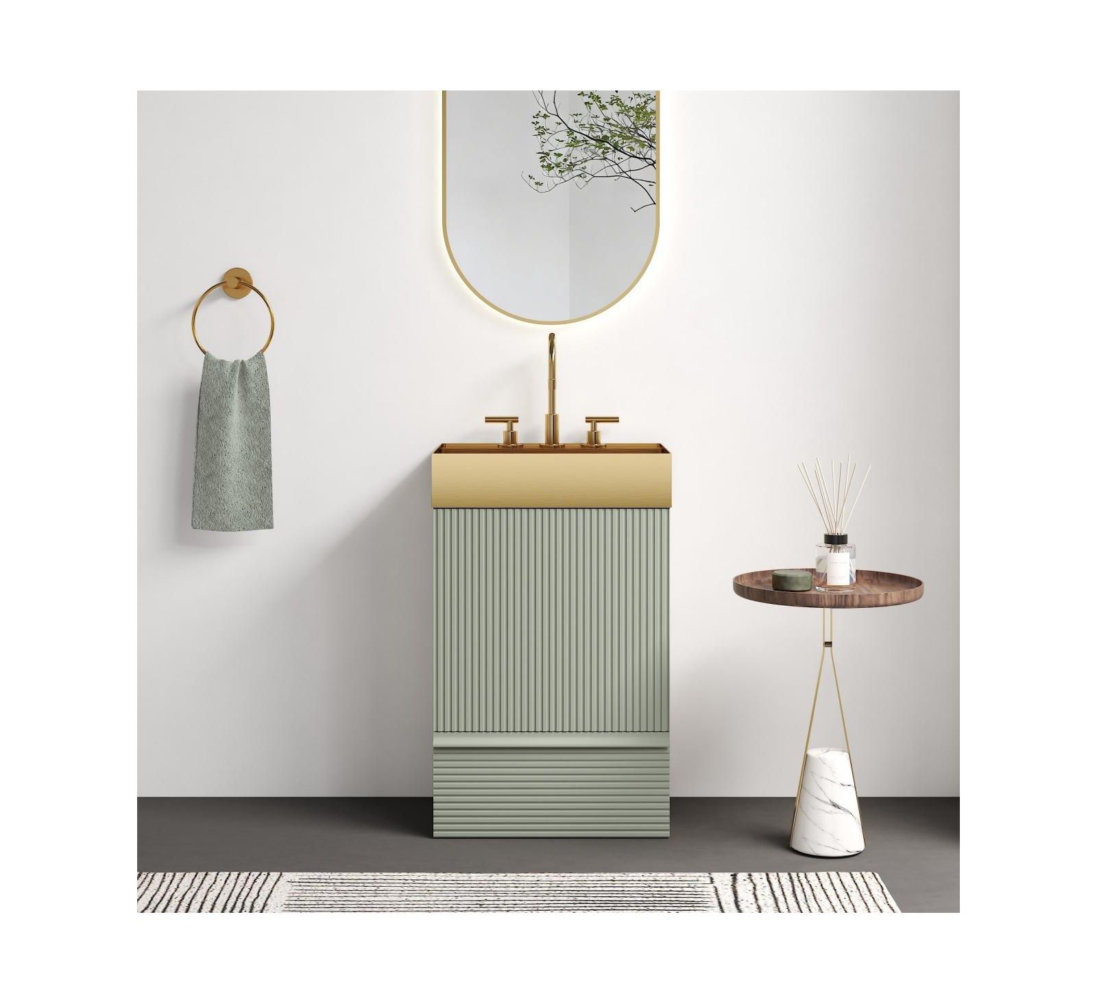 Thirtypeachy 20" Modern Fluted Vanity With Gold Metal Vessel Sink, 1 Drawer 1 Door Soft-Close, Anti-Tip KD