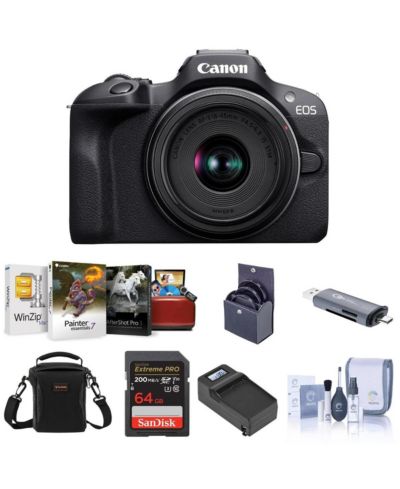 Canon EOS R100 Camera w/18-45mm f/4.5-6.3 Lens, w/64GB Card,Charger and Bag