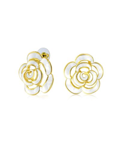 Серьги-гвоздики Bling Jewelry с эмалью и белой розой, 14K Yellow Gold Plated