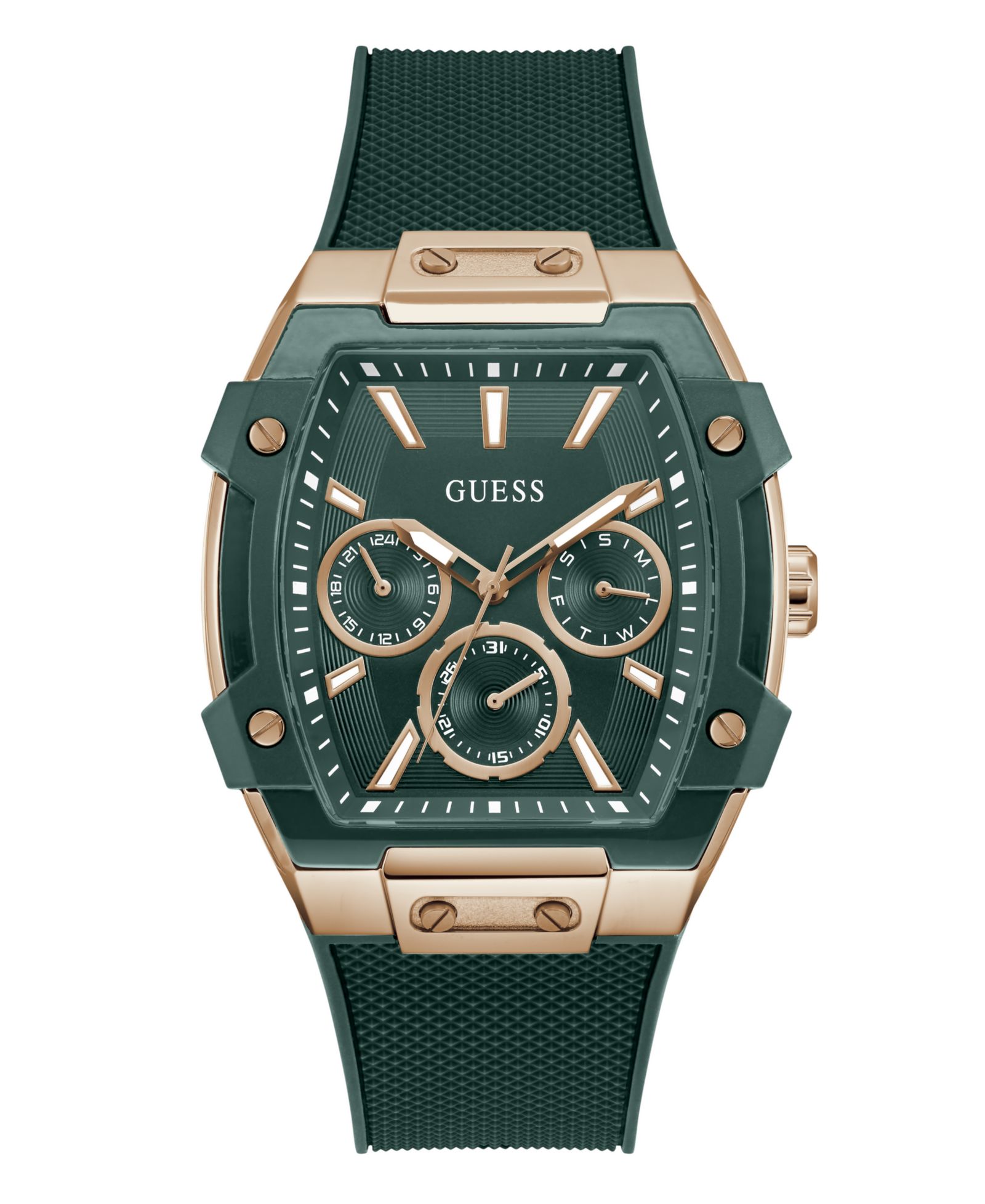 GUESS Men's Rose Gold-Tone Green Silicone Multi-Function Watch, 44mm