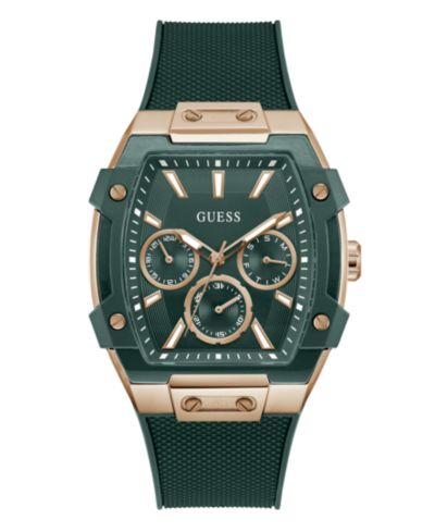 GUESS Men's Rose Gold-Tone Green Silicone Multi-Function Watch, 44mm