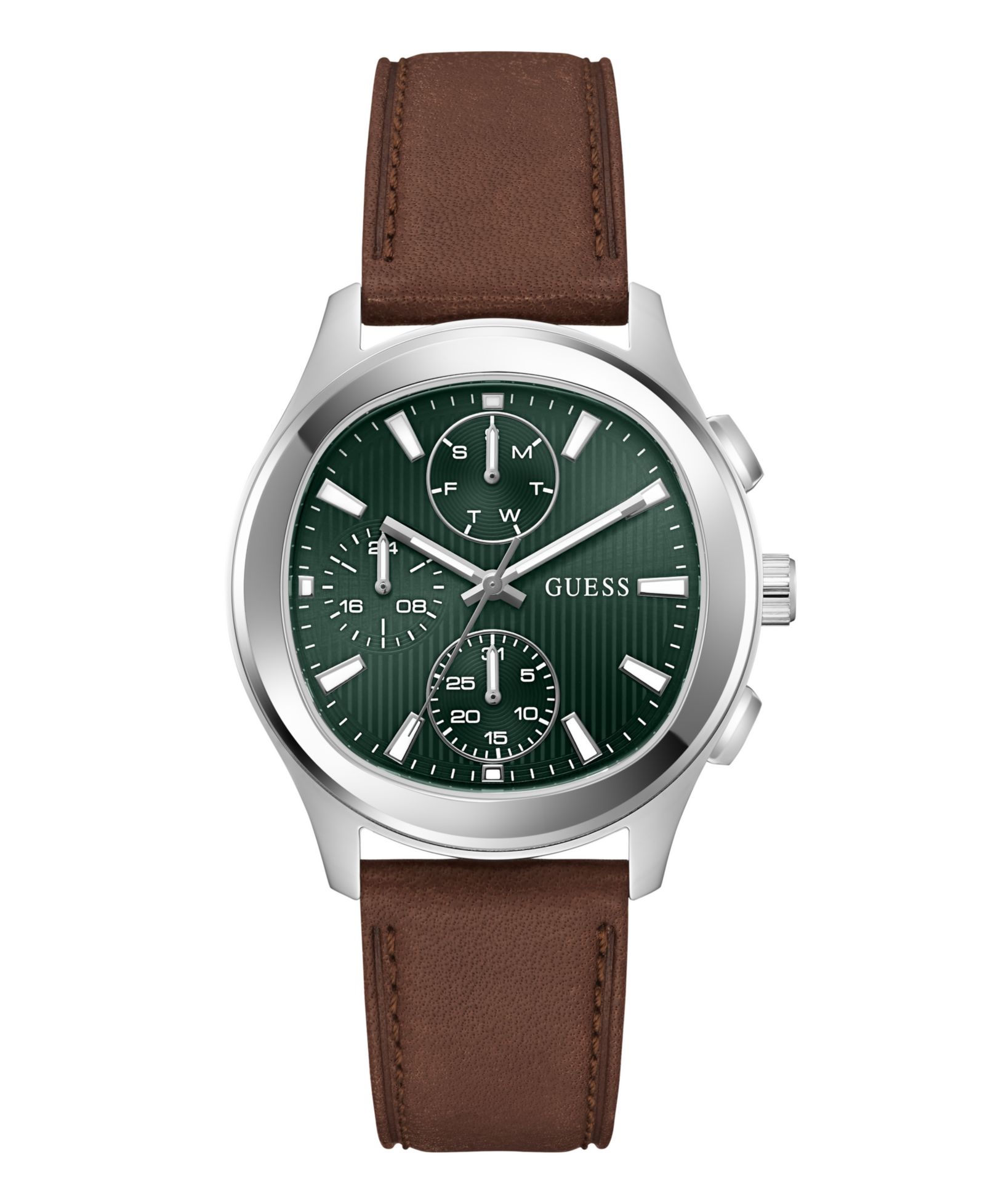 GUESS Мужской Silver-Tone Brown Leather Multi-Function Watch, 40mm
