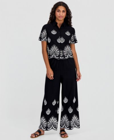 Брюки And Now This Petite Embroidered Cotton Wide Leg
