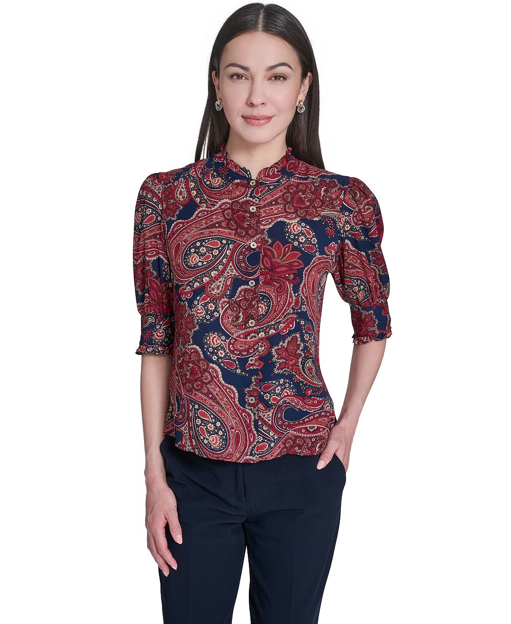 Tommy Hilfiger Women's Paisley Print Ruffle Neck Button Up Blouse
