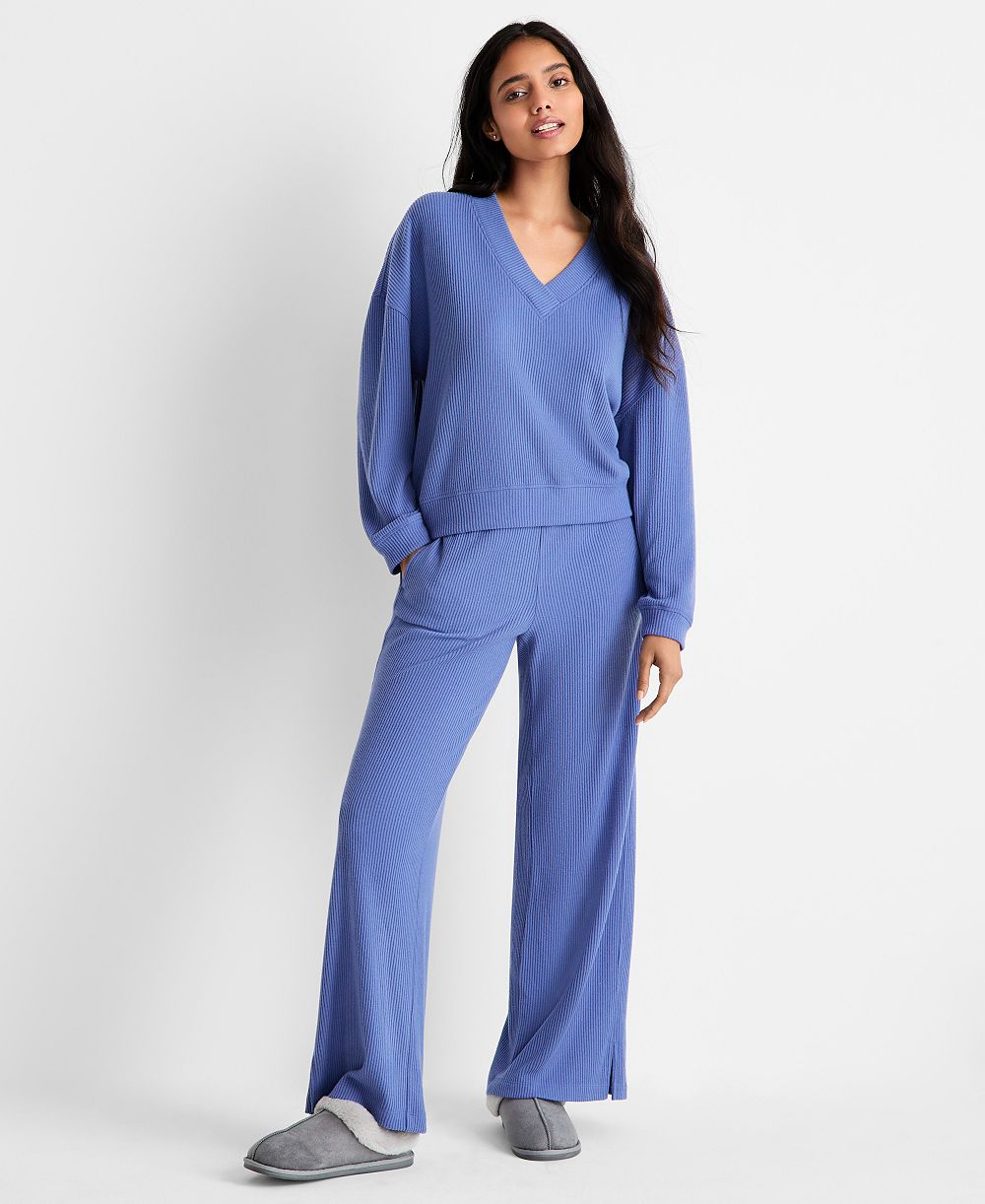 State of Day Women's Ribbed V-Neck Top and Pant Lounge Set, Macy's Exclusive