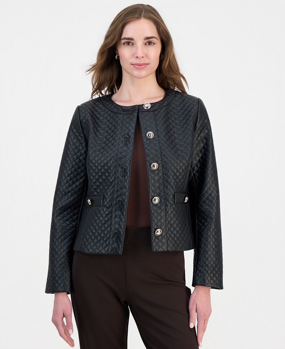 JM Collection Women's Quilted Faux-Leather Button-Front Jacket, Macy's Exclusive