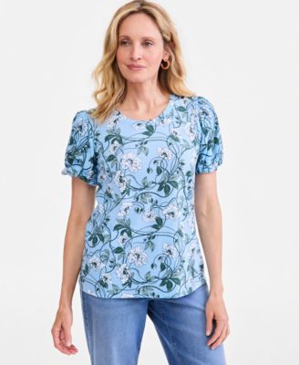 Style & Co Women's Mix Media Puff-Sleeve Floral-Print Cotton-Modal Blend T-Shirt, Macy's Exclusive