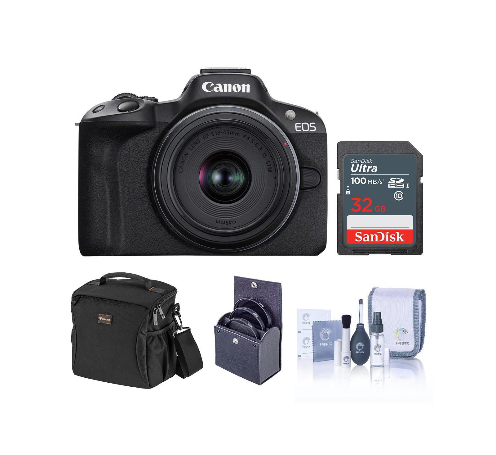 Беззеркальная камера Canon EOS R50, черный цвет, с объективом RF-S 18-45mm f/4.5-6.3 и включенными аксессуарами