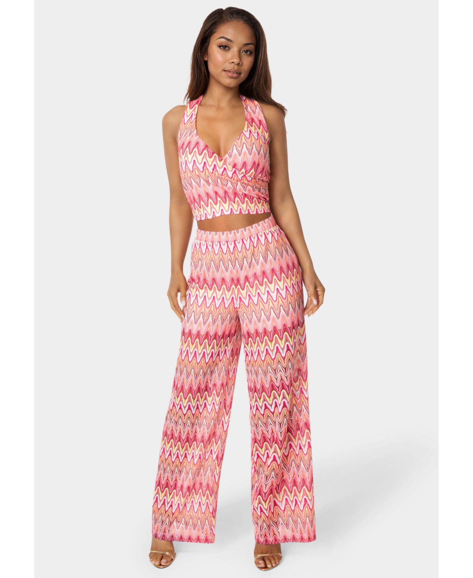 Bebe Women's 2-Piece Chevron Halter Top Flare Pants Set