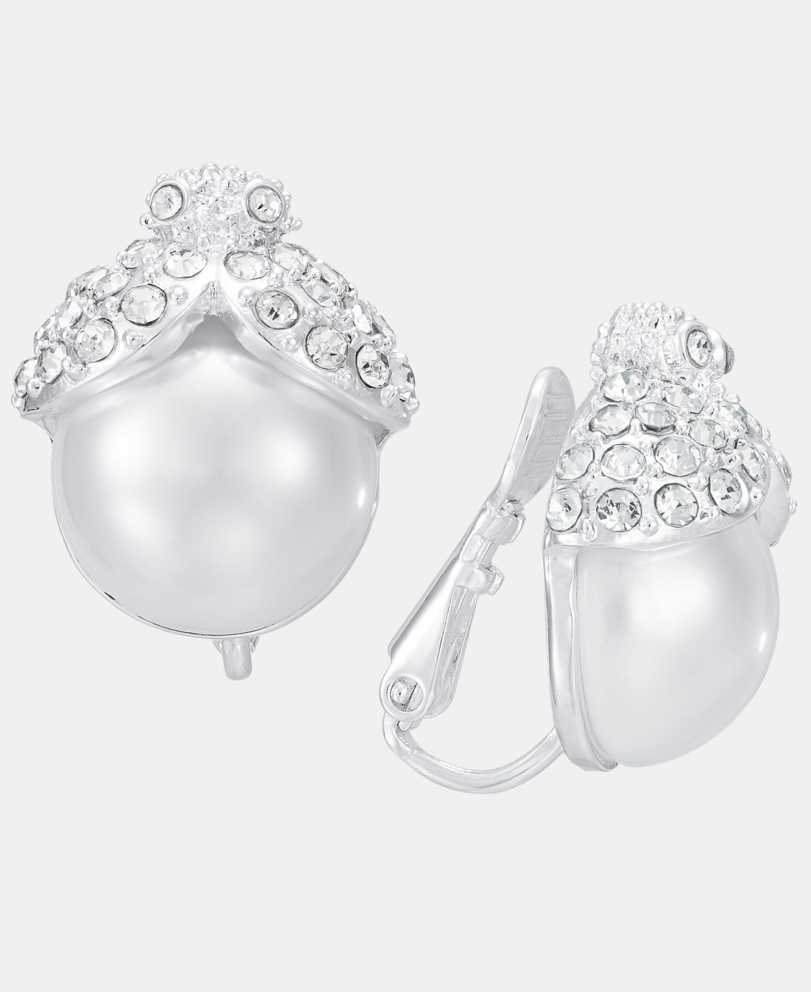 Anne Klein Silver-Tone Imitation Pearl Stone Button EZ Comfort Clip Earrings