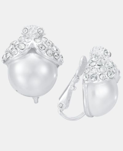 Anne Klein Silver-Tone Imitation Pearl Stone Button EZ Comfort Clip Earrings