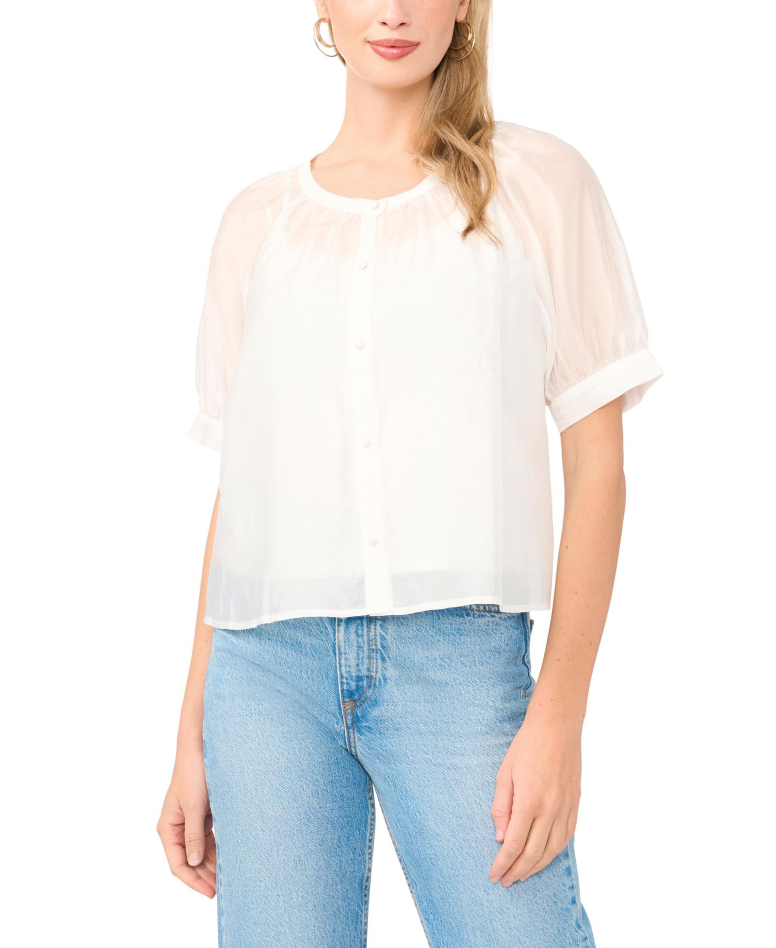 Vince Camuto Women's Crewneck Button-Down Short-Sleeve Flowy Top