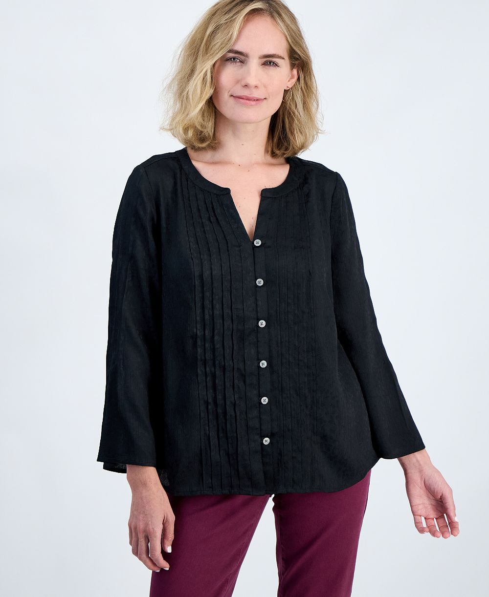 Блузка Petite с V-образным вырезом и длинными колоколообразными рукавами Style & Co