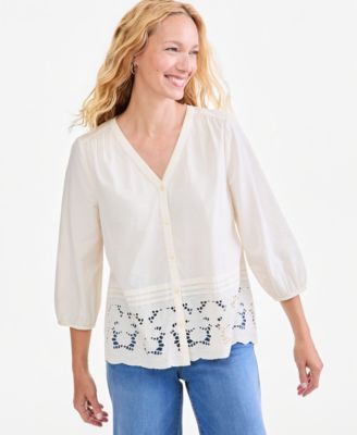 Женская блузка Style & Co Petite с V-образным вырезом и рукавом 3/4, вышивка eyelet