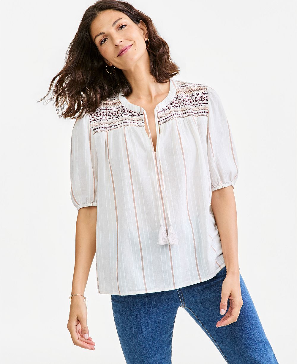 Style & Co Women's Smocked Elbow-Sleeve Cotton-Linen Blend Top, Macy's Exclusive