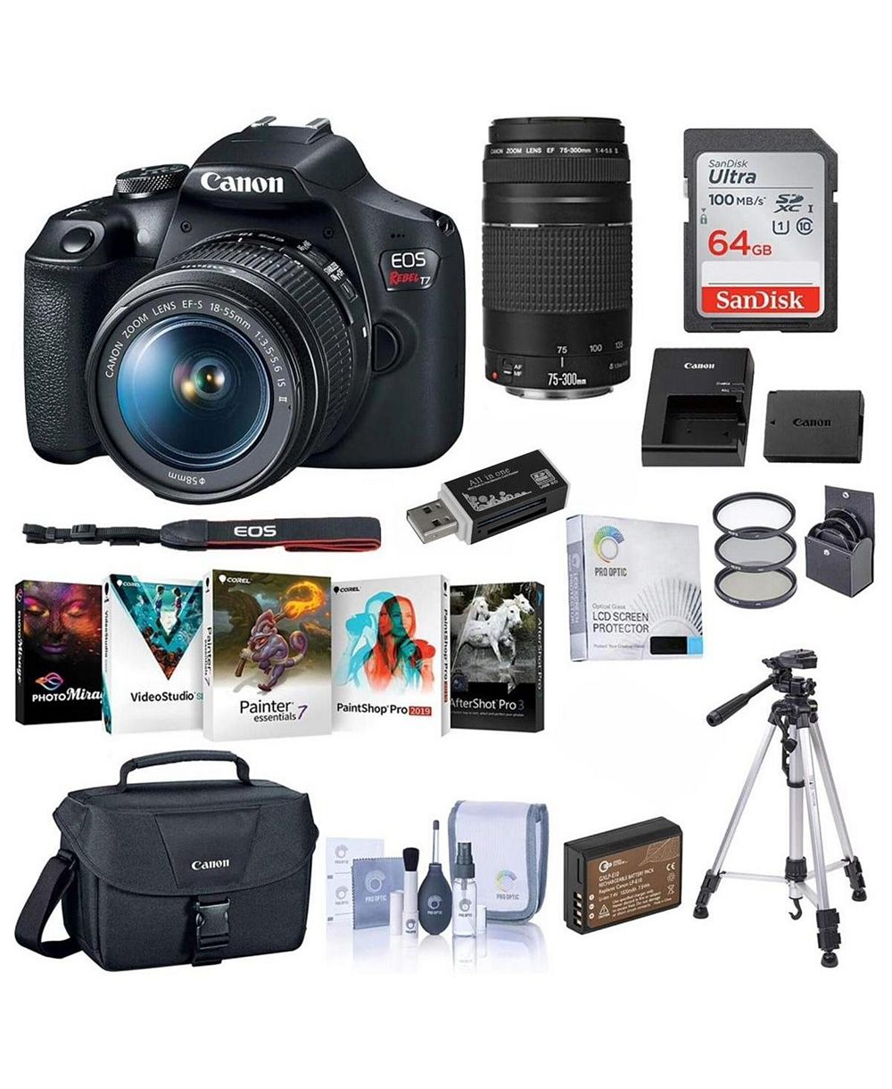 Canon EOS Rebel T7 DSLR Camera with EF-S 18-55mm and EF 75-300mm Lens Complete Bundle with Bag, Battery, Charger, Filter Kit, Tripod, 64GB SD Card
