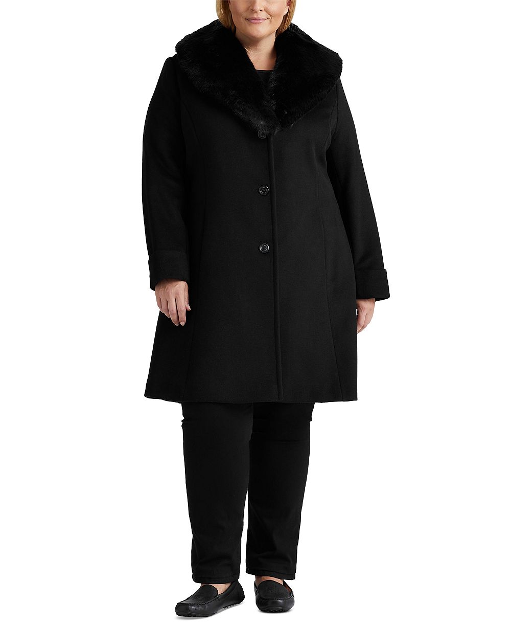 Lauren Ralph Lauren Plus Size Faux-Fur-Collar Coat, Created for Macy's