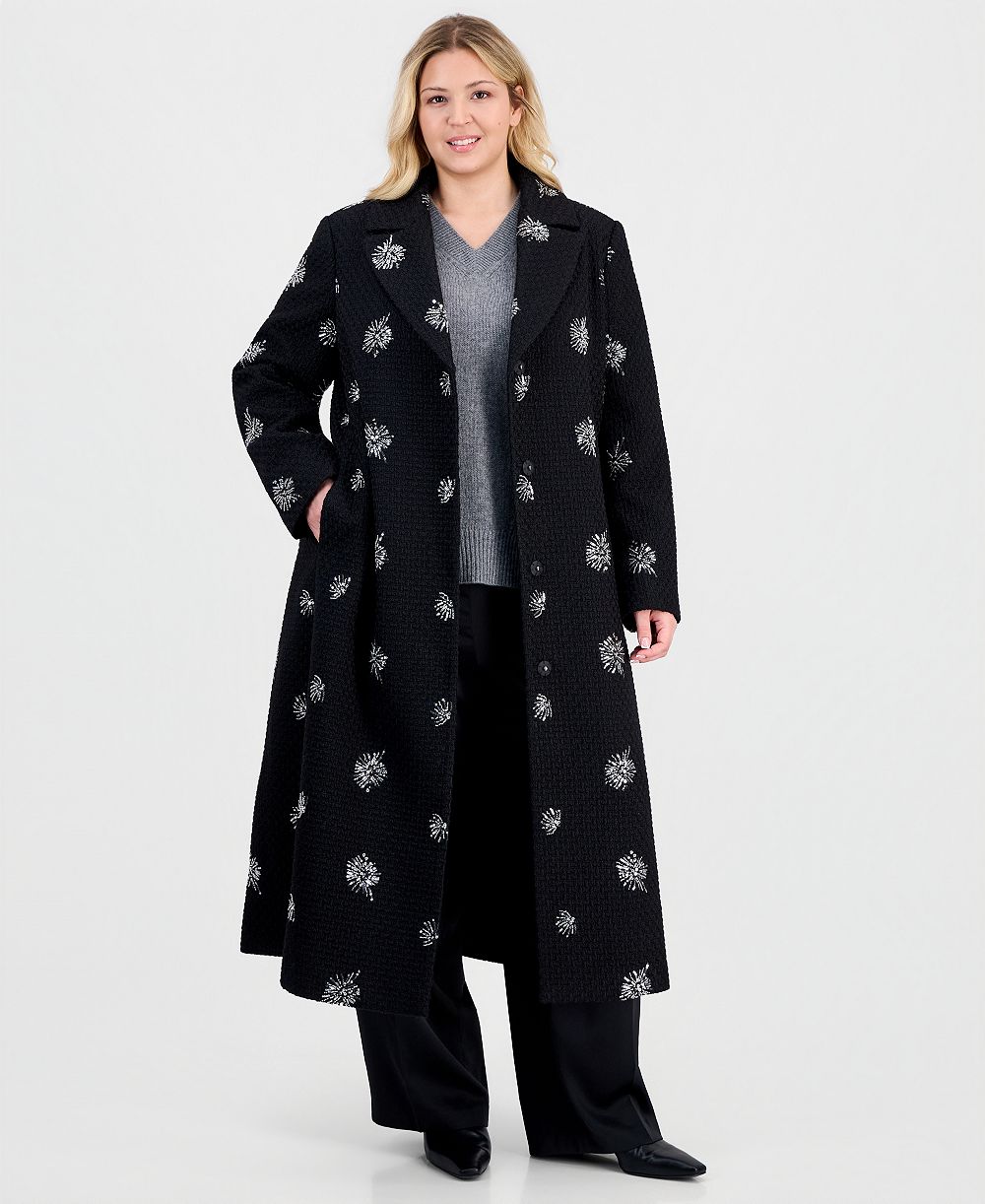 CeCe Plus Size Single-Breasted Sparkle Bouclé Maxi Coat