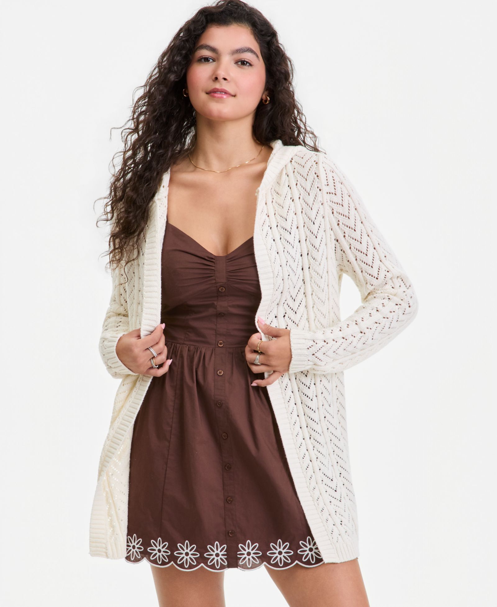 Hippie Rose Juniors' Open-Front Pointelle-Knit Hooded Cardigan