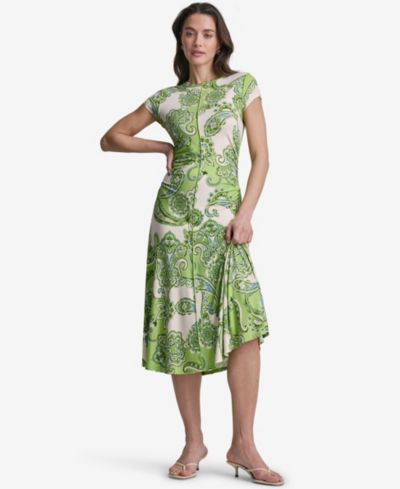 BCBG Women's Paisley-Print Cap-Sleeve Crewneck Midi Dress