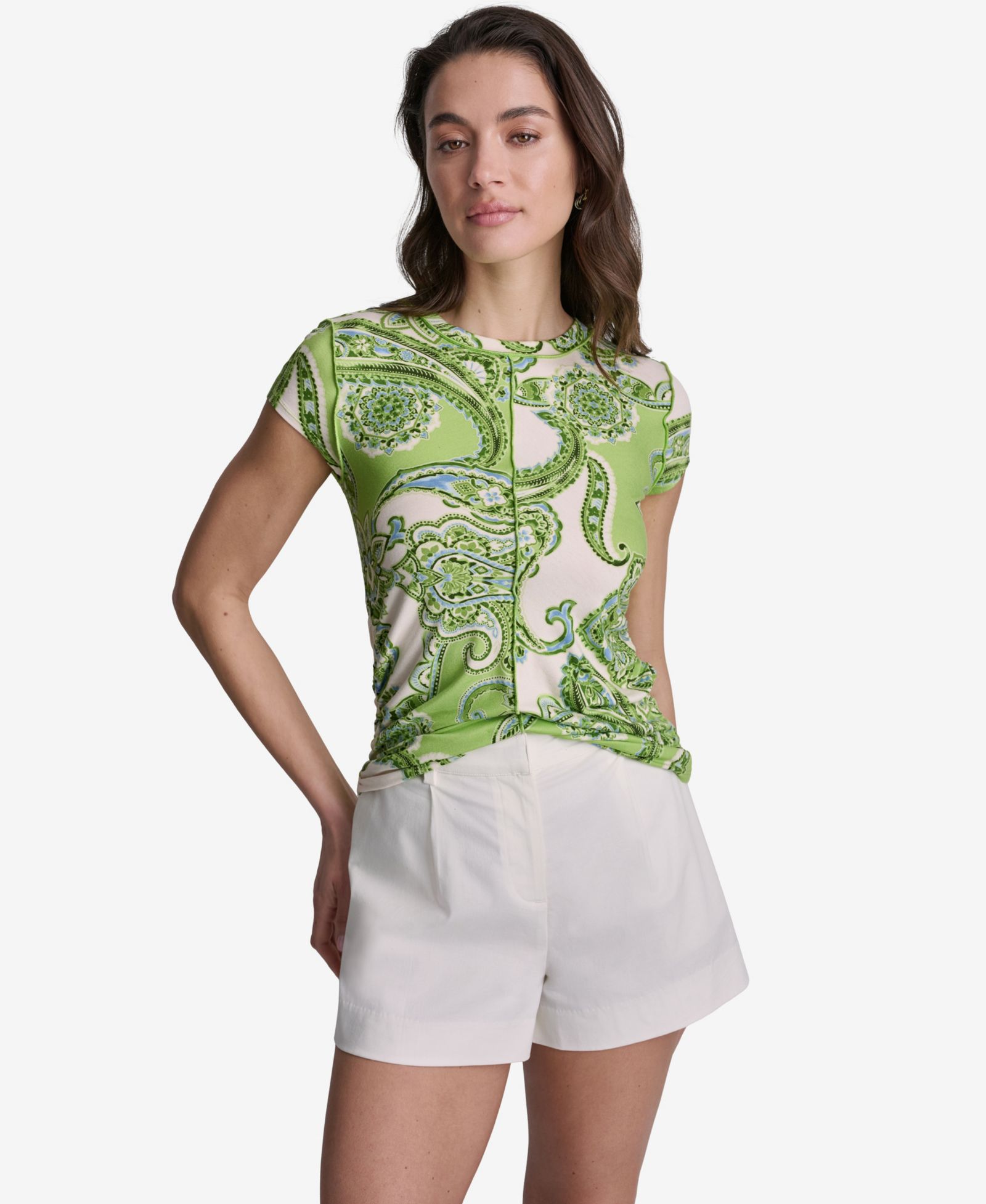 BCBG Women's Paisley Print Crewneck Cap-Sleeve Top