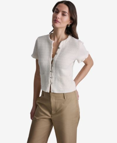 BCBG Women's Tweed Short-Sleeve Cropped Cardigan Sweater
