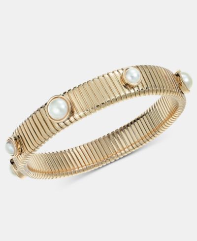 Anne Klein Gold-Tone Omega Chain Imitation Pearl Stretch Bracelet