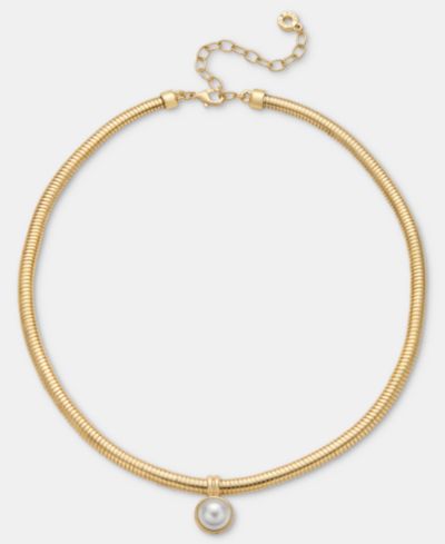 Anne Klein Gold-Tone Omega Chain Faux Imitation Pearl Pendant Necklace