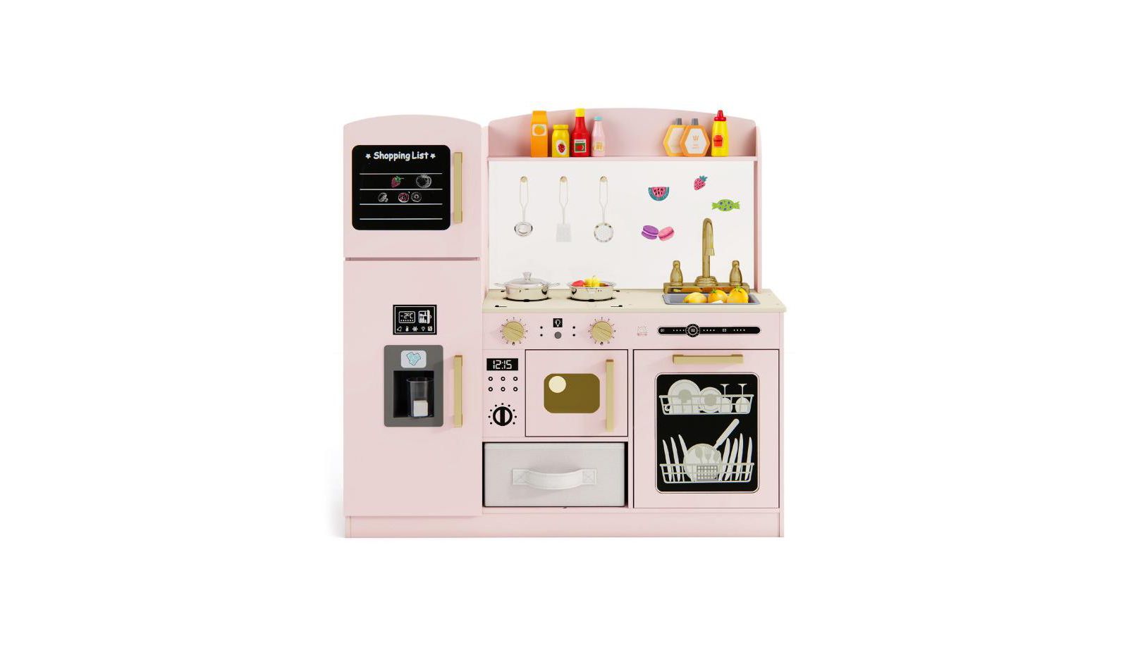 Hongge Wooden Lighted-Microwave Kitchen Playset with Ice Maker, Ages 3+