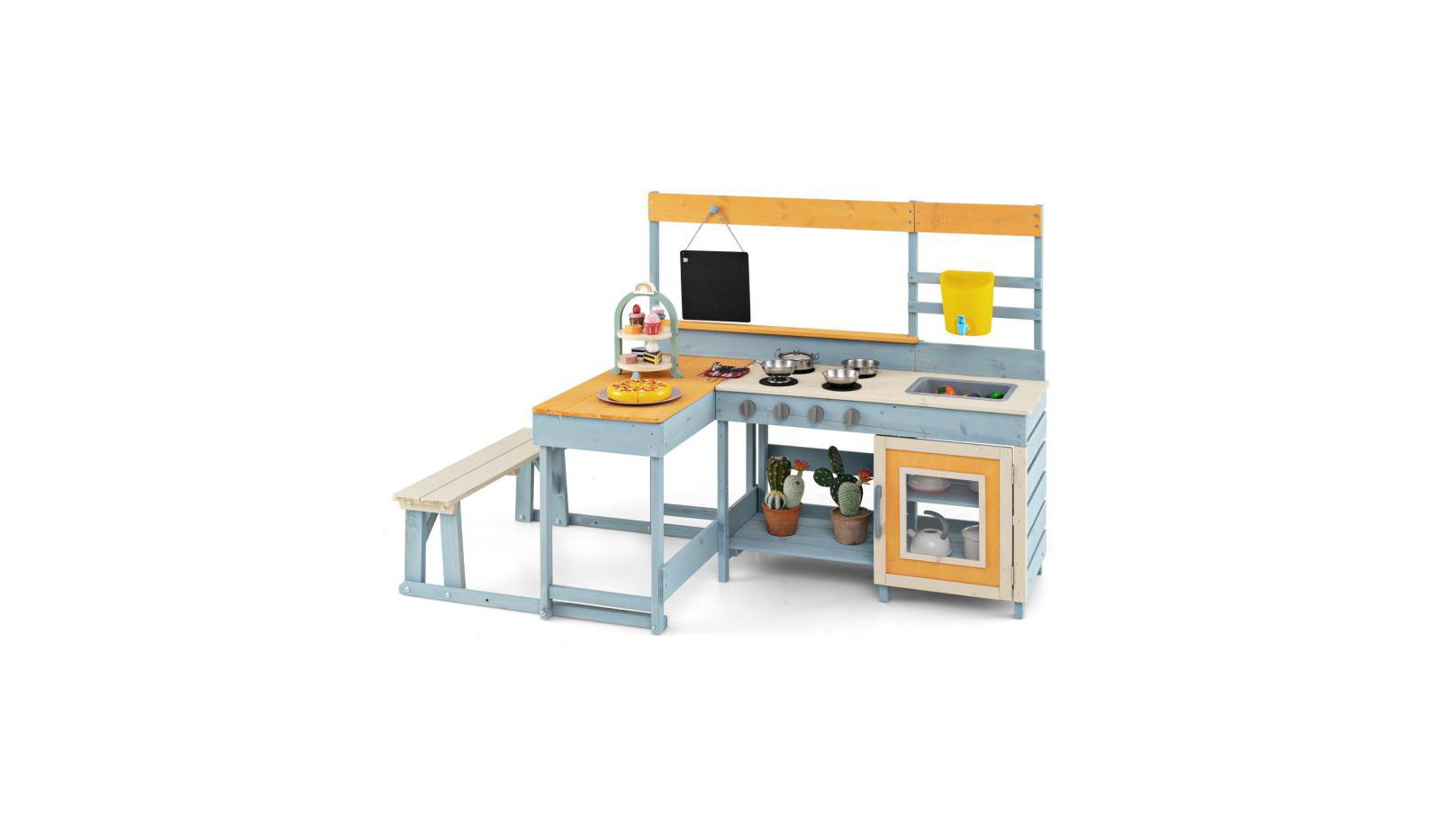 HONGGE Fir Wood Play Kitchen with Picnic Table and Built-in Bench for Kids