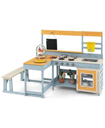 HONGGE Fir Wood Play Kitchen with Picnic Table and Built-in Bench for Kids