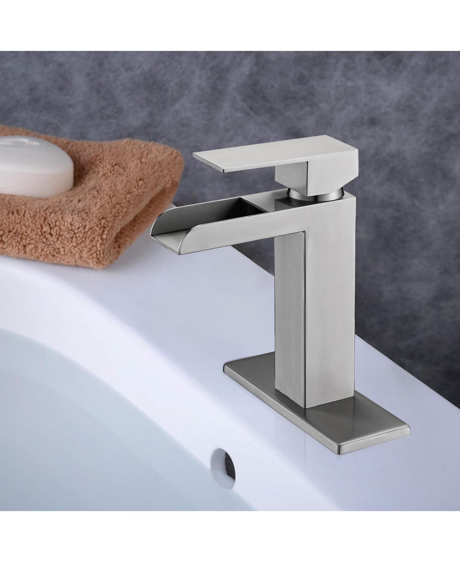 BUSDAYS Brushed Nickel Waterfall Bathroom Faucet, Single Handle, 1/3 Hole with Deck Plate and Overflow Pop-Up Drain