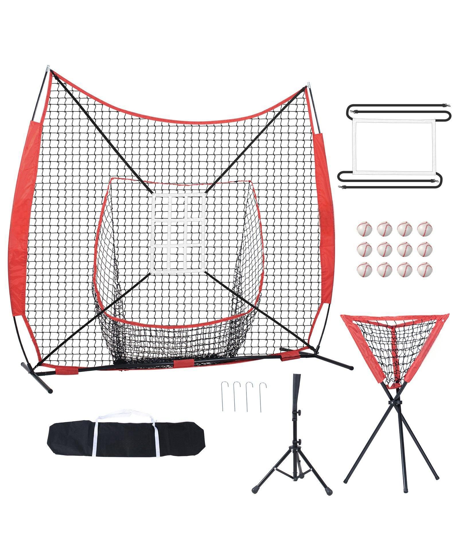 Mecale 7 x 7 Ft Baseball Softball Practice Net with Bow Frame, Tee, 12 Balls and Ball Collector