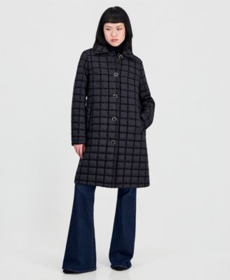 CeCe Women's Long Windowpane Quilted Coat