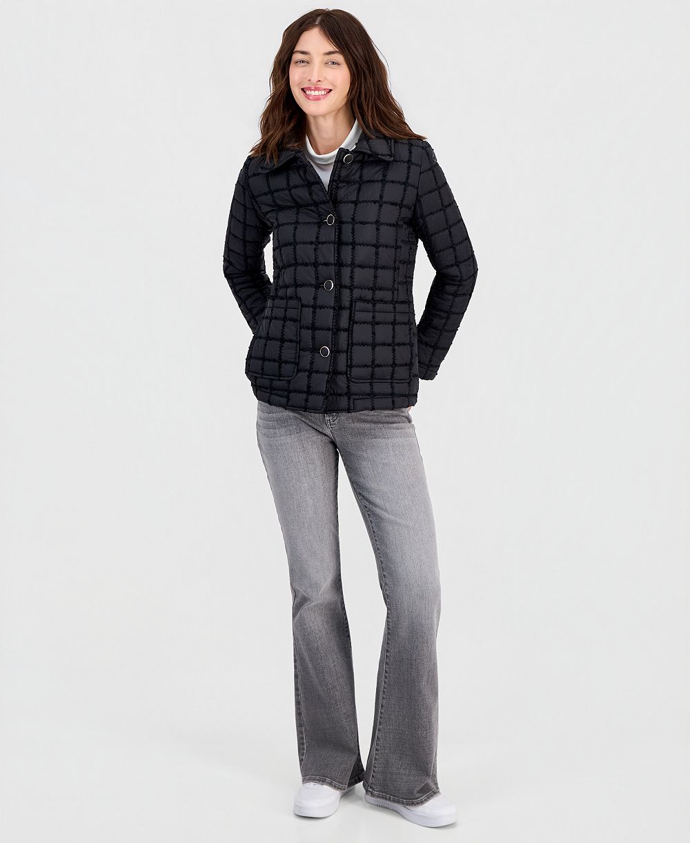 CeCe Women's Short Bouclé Windowpane Quilted Coat