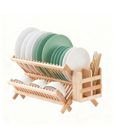 YIGII Bamboo Dish Drying Shelf Collapsible Utensil Holder Kitchen Counter