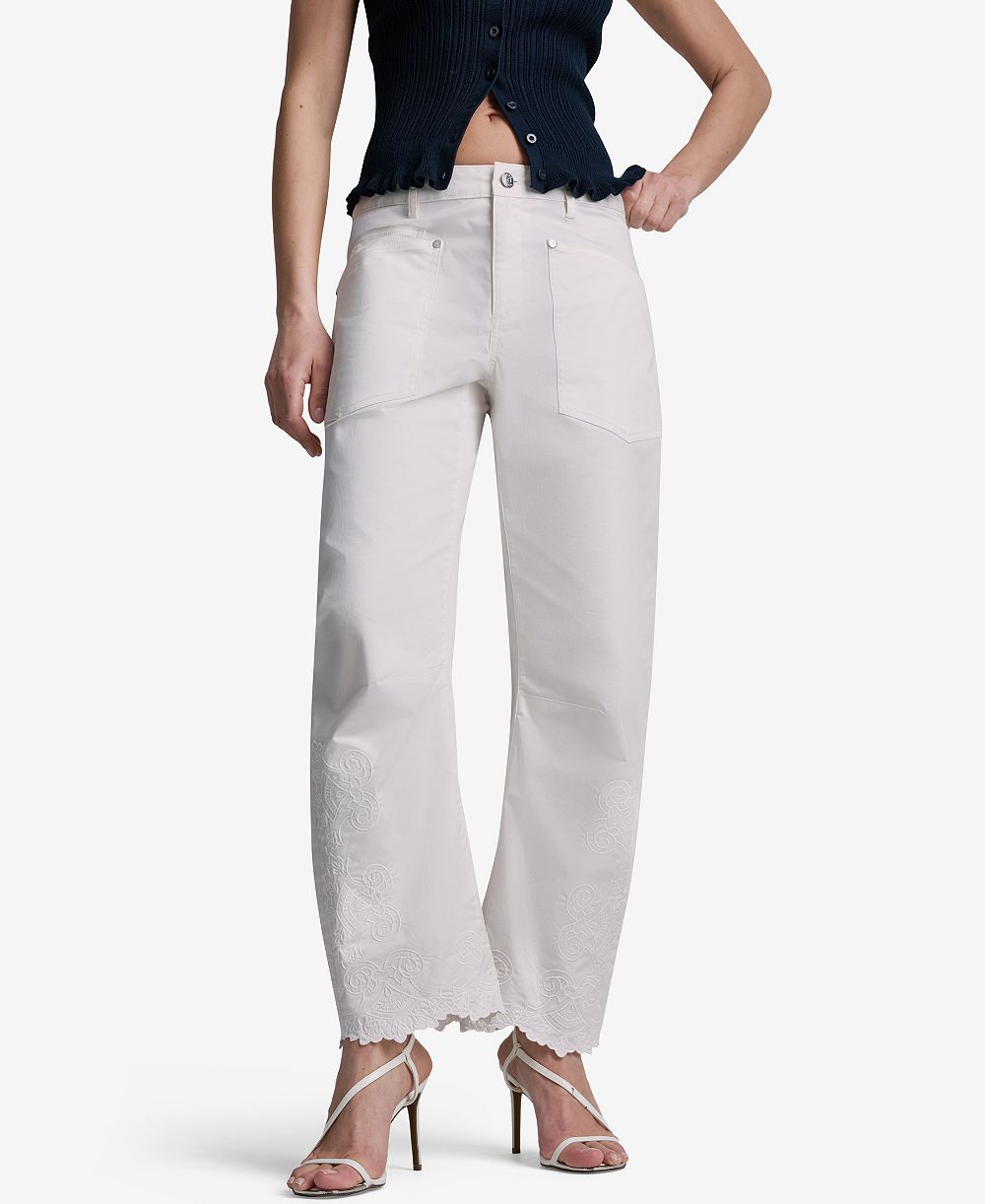 BCBG Women's Embroidered Scallop-Hem Wide-Leg Jeans