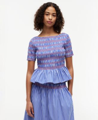 Tommy Hilfiger Женский хлопковый топ с вырезом лодочкой и полосками, smocking