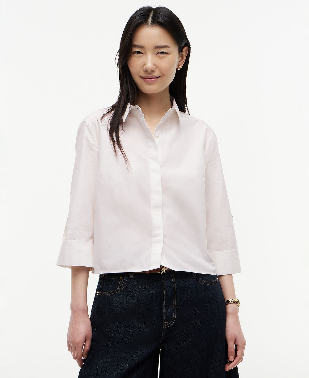 Tommy Hilfiger Women's Cropped Collared Roll-Tab Cotton Shirt