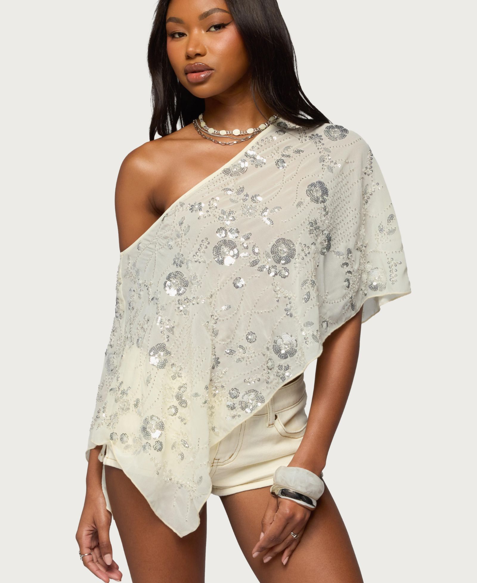 Edikted Women's Triana Bead and Sequin Chiffon Poncho