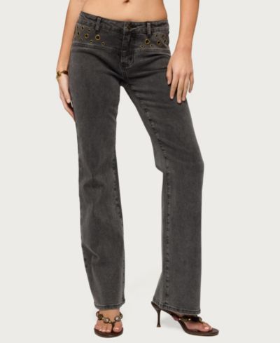 Edikted Women's Grommet Mid Rise Straight Leg Jeans